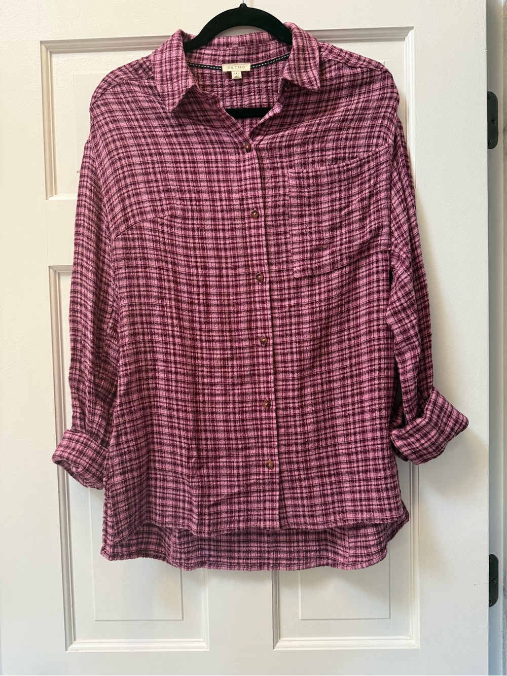 Pilcro Anthropologie Seamed Tunic Button Down Pink Plaid Shirt S